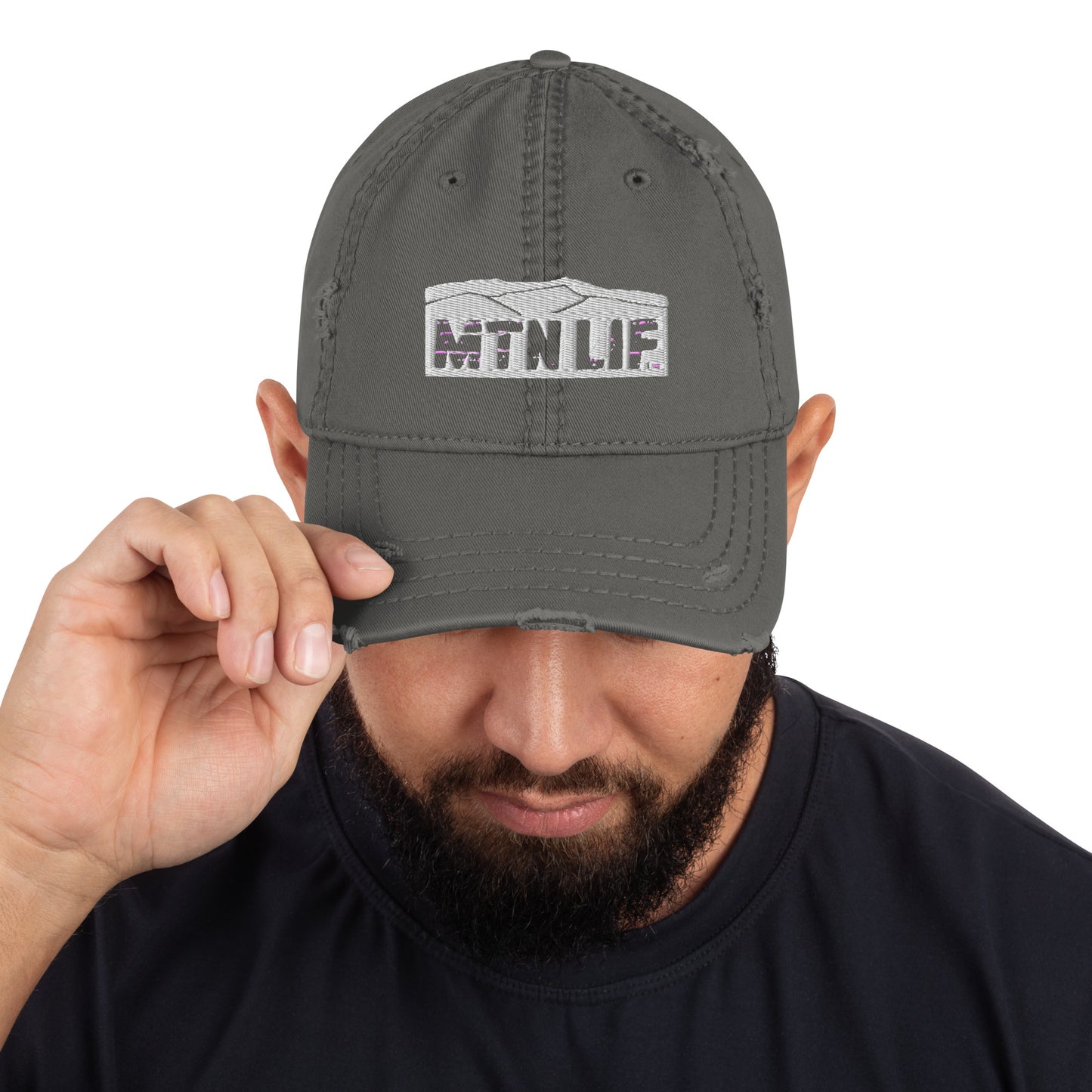 MTN LIF™ Distressed Dad Hat-embroidered SILVER mtn logo