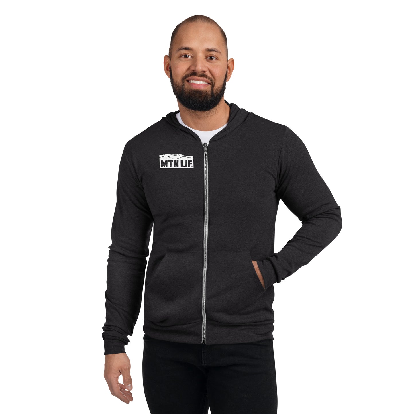 MTN LIF™ Unisex zip hoodie- WHITE mtn logo right front