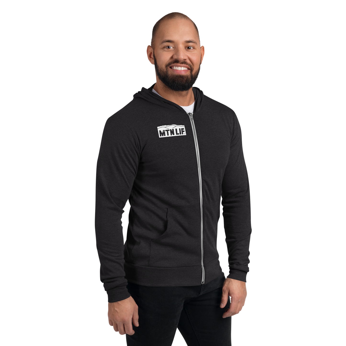 MTN LIF™ Unisex zip hoodie- WHITE mtn logo right front