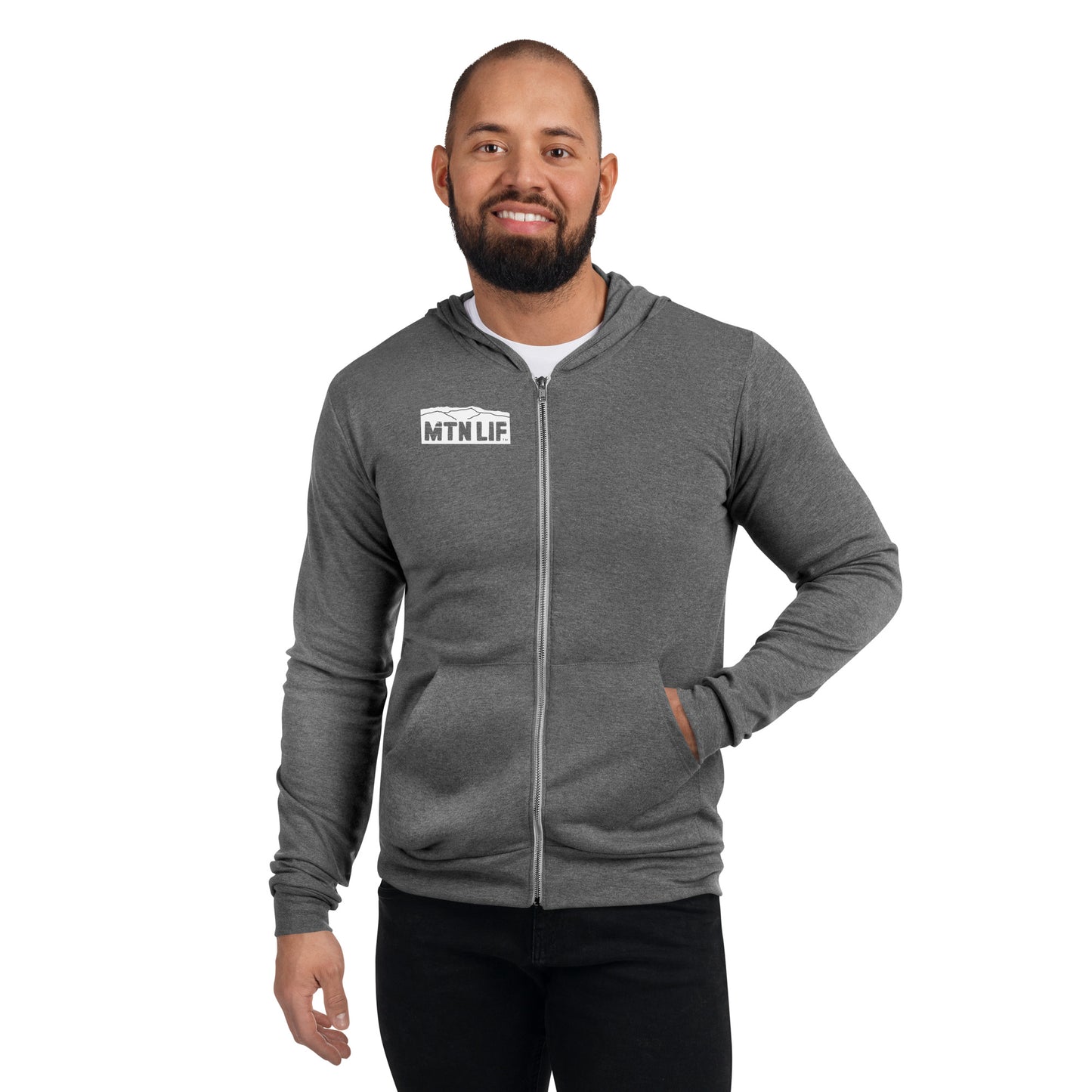 MTN LIF™ Unisex zip hoodie- WHITE mtn logo right front