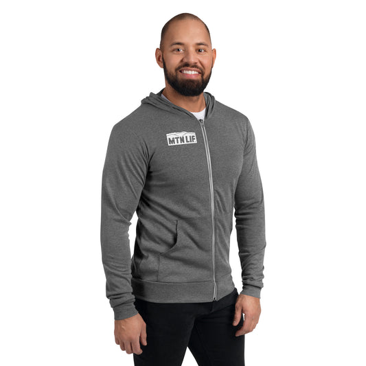 MTN LIF™ Unisex zip hoodie- WHITE mtn logo right front