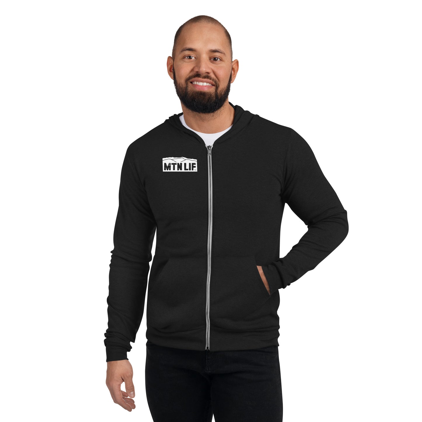 MTN LIF™ Unisex zip hoodie- WHITE mtn logo right front