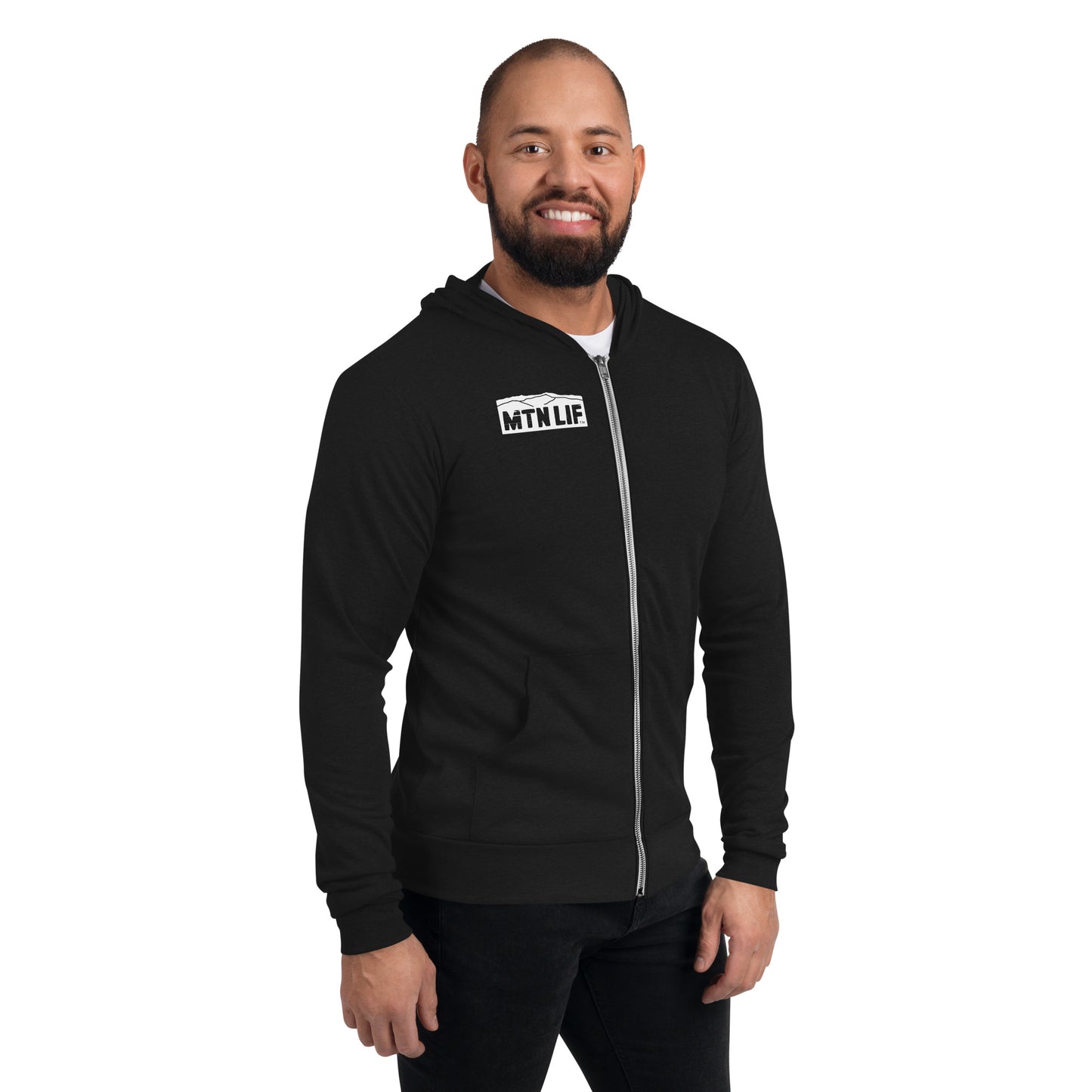 MTN LIF™ Unisex zip hoodie- WHITE mtn logo right front